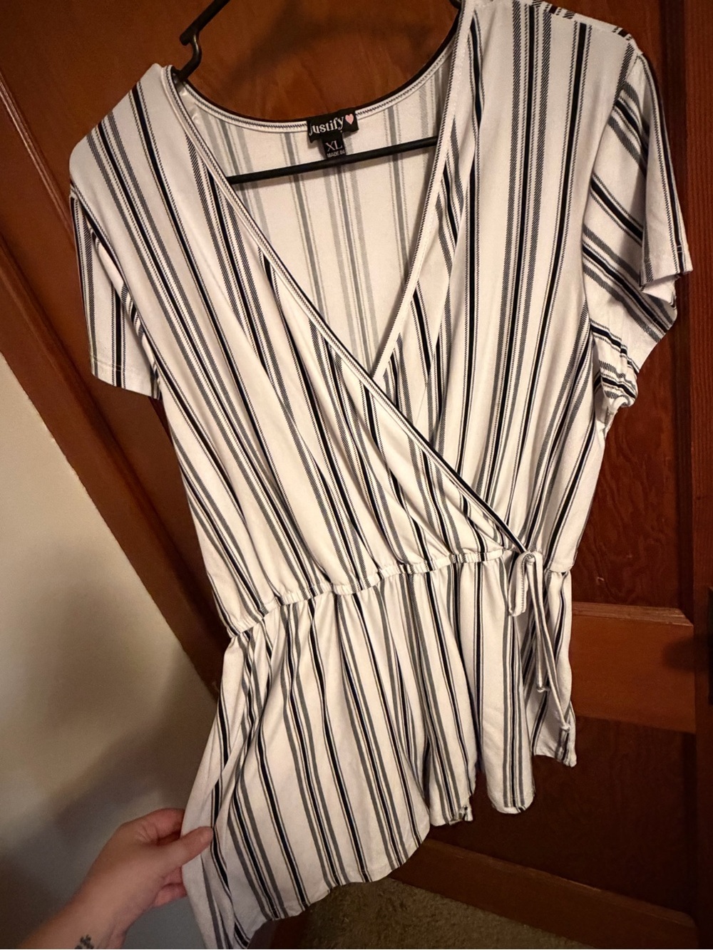 Justify White & Black Striped Wrap-Front Women’s Romper